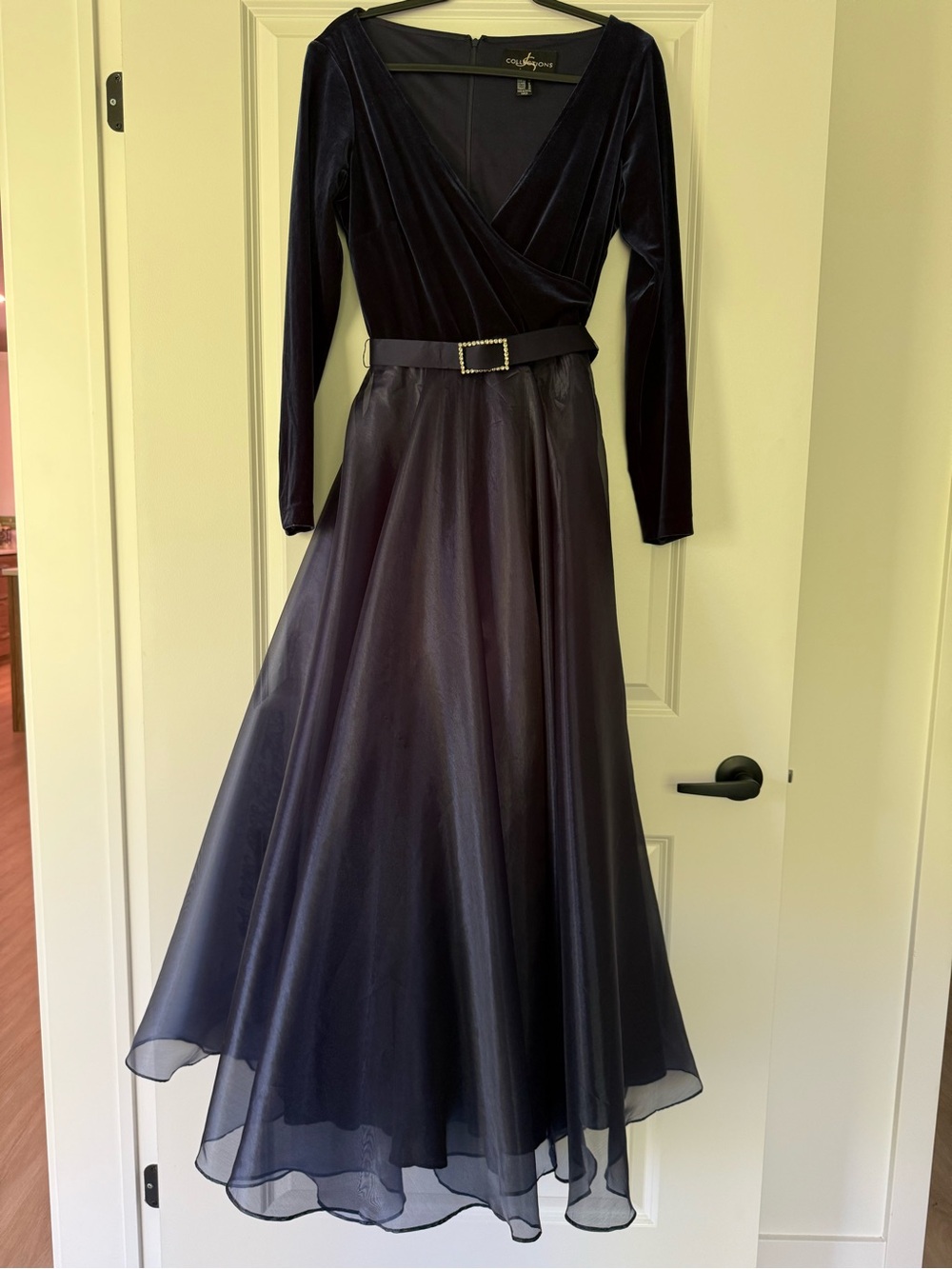 JS Collections Navy Velvet Wrap Long-Sleeve Gown with Sheer Skirt